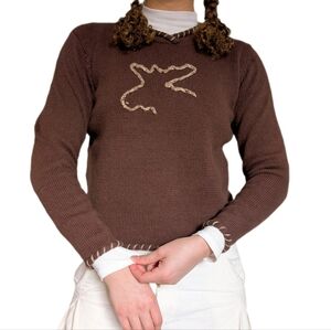 Vintage 90s Scandi Cottage Hand-Knit Moose Cotton Rolled Neck Sweatshirt